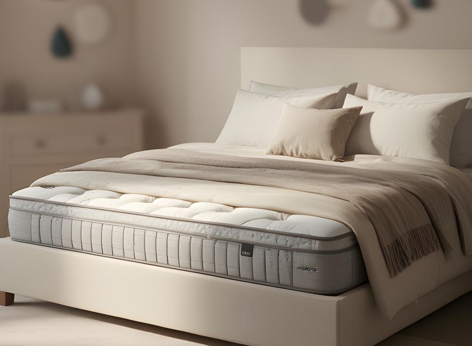 A premium bed dressed in soft neutral bedding with a thick mattress in a calm West Sussex bedroom