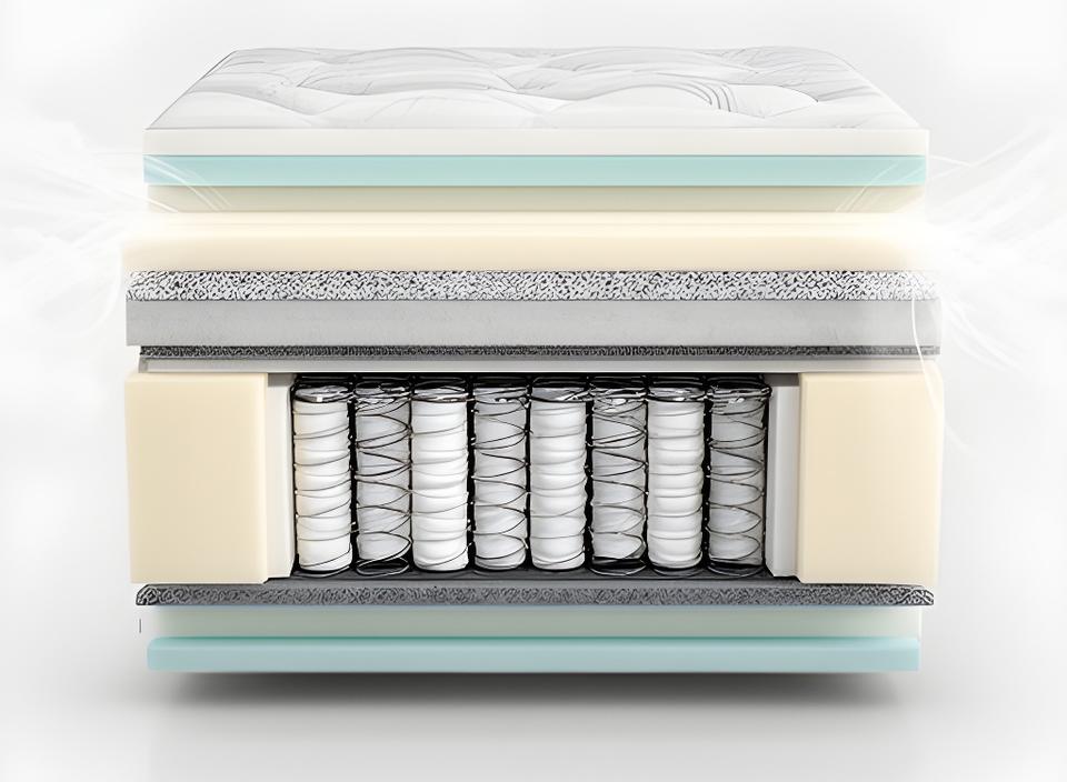 A cutaway mattress showing foam, springs, and breathable layers in a clean product studio