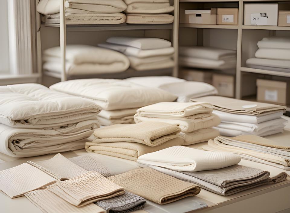 Packed bedding samples and mattress fabric swatches arranged on a clean worktable in a West Sussex storage room