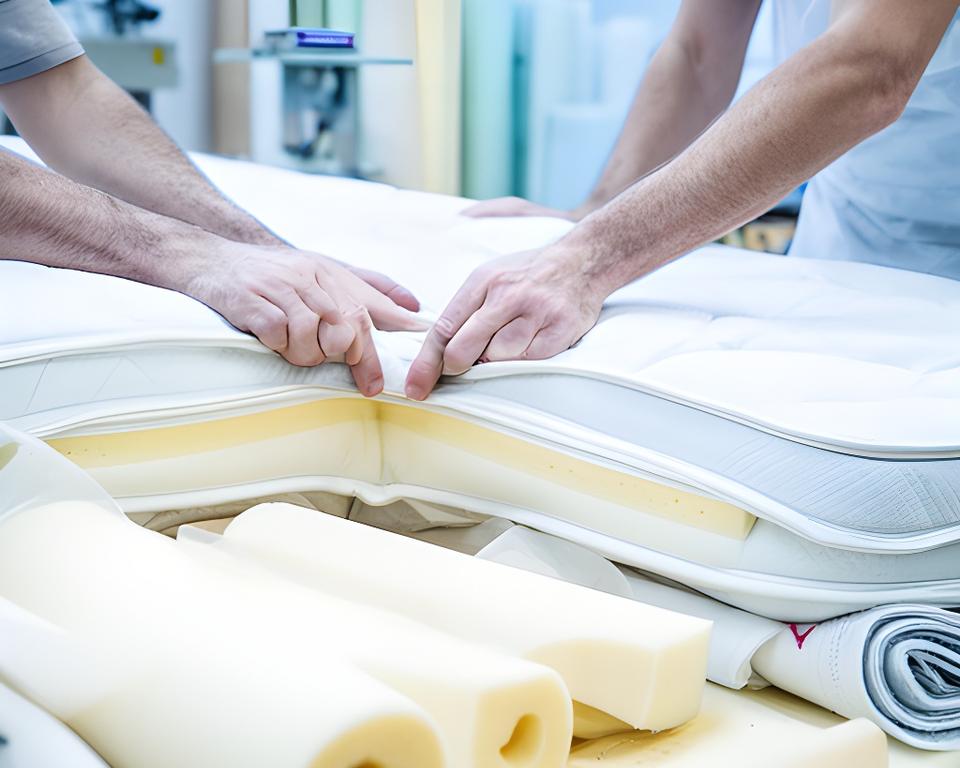 Skilled bedding maker checking mattress layers and stitching in a bright workshop with rolled fabric and foam components