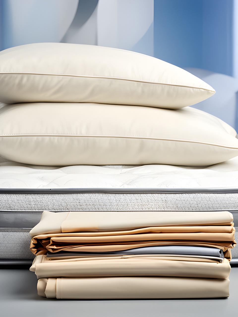 Stacked pillows and folded sheets arranged beside a mattress in a tidy storage area