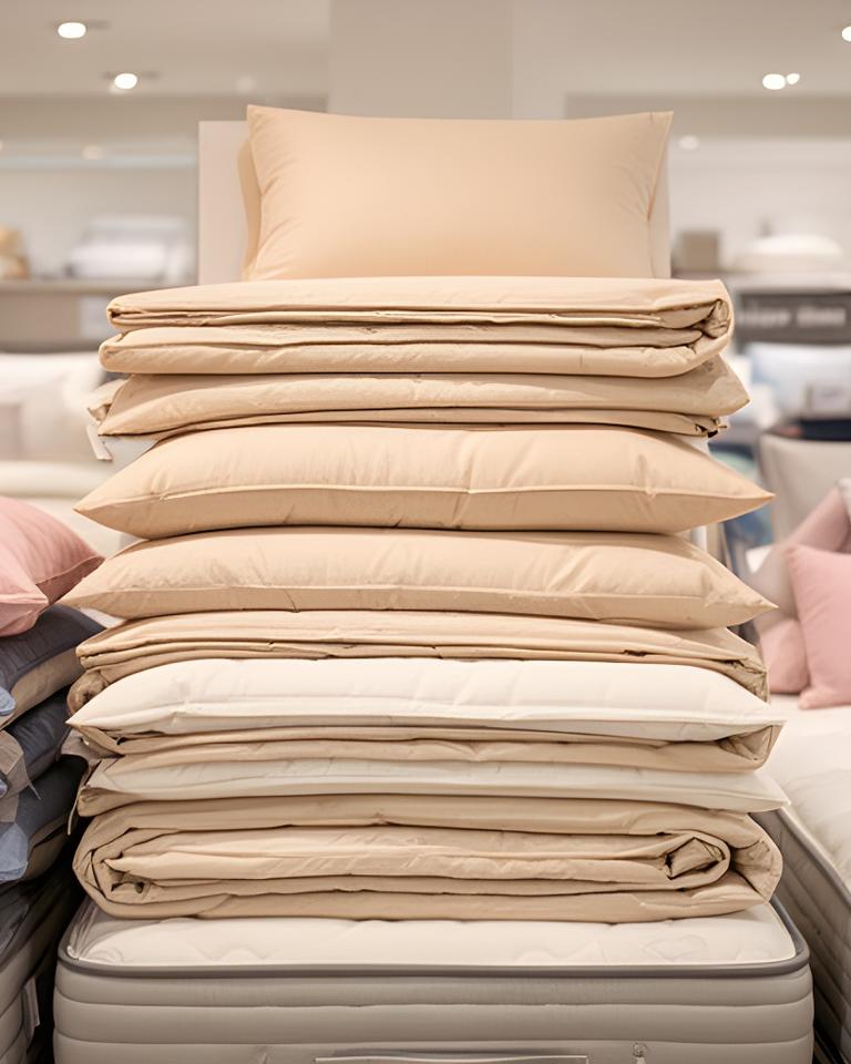 Bright showroom display with stacked bedding, pillows, and mattresses arranged in a clean retail space