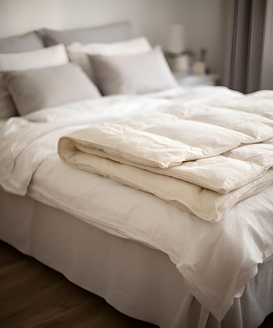 Neatly made double bed with layered white sheets, folded duvet and soft pillows in a calm bedroom