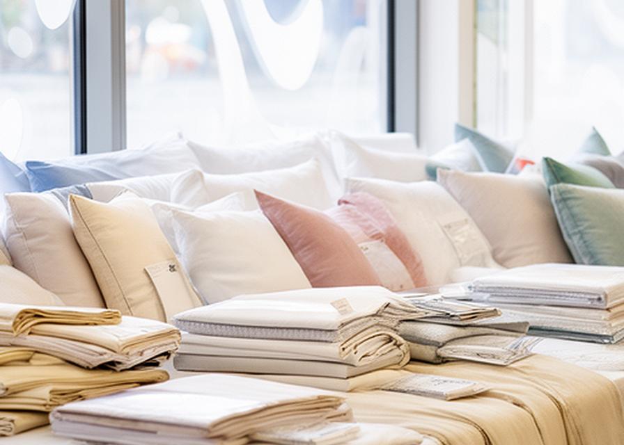 Neatly arranged bedding display with folded sheets, pillows, and mattress samples beside a bright showroom window