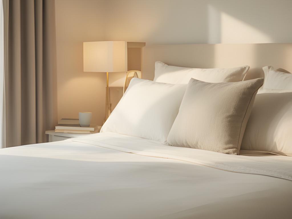 Calm bedroom with a made bed, soft lamps, and a tidy bedside table