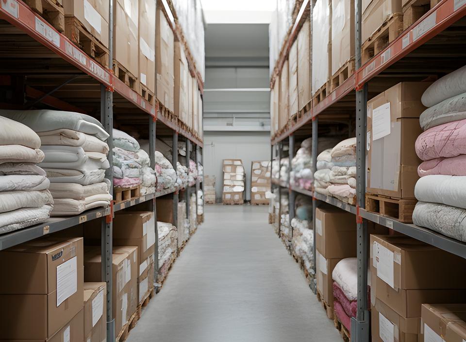 Shelved bedding stock and labelled mattress cartons in a tidy warehouse aisle with soft daylight
