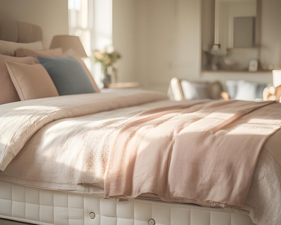 Serene bedroom with layered bedding, a made mattress, and soft morning light across a calm West Sussex home