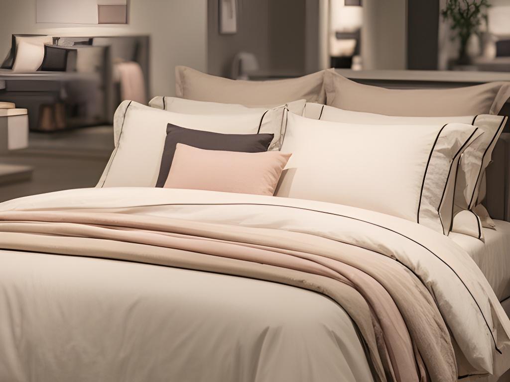 Neatly made bed with layered bedding in a calm showroom setting
