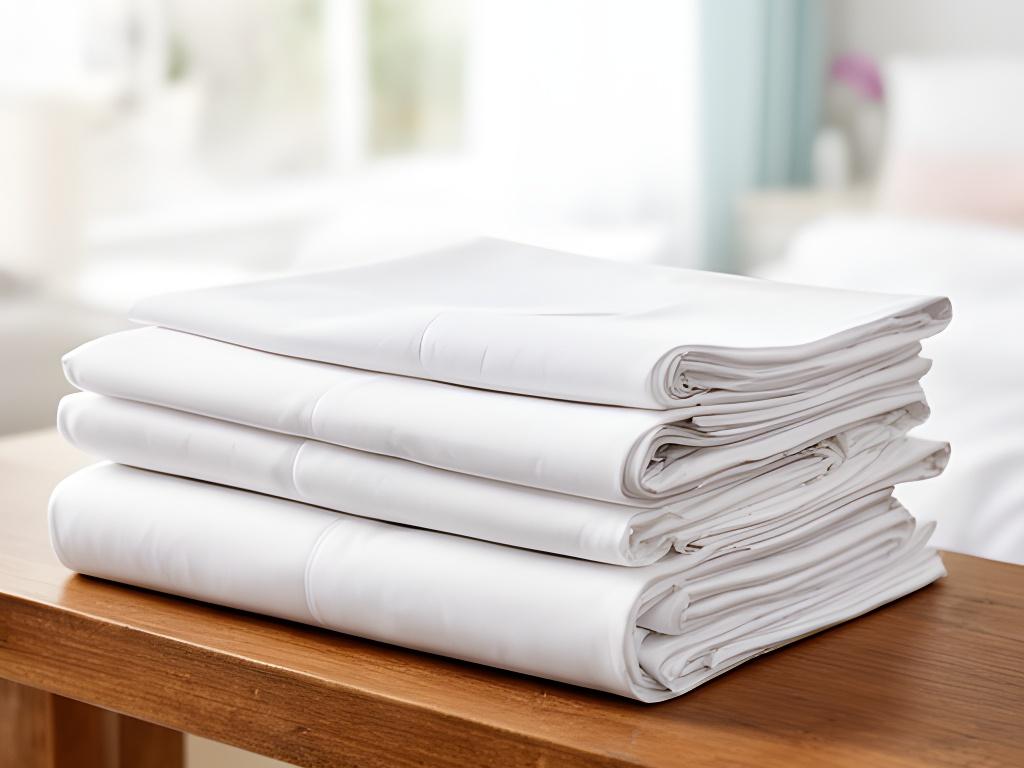 Stack of folded fresh white sheets and pillowcases on a wooden shelf in a bright bedroom