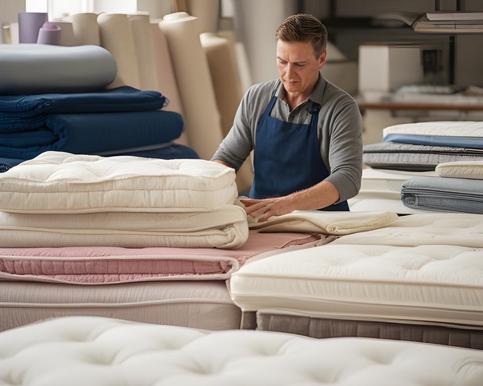 Founder in a West Sussex bedding workshop with neatly stacked fabrics and mattress samples