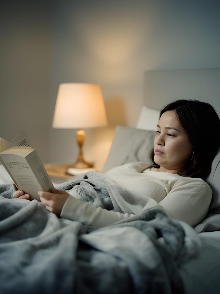 Person reading in a quiet bedroom with a blanket and a warm bedside lamp